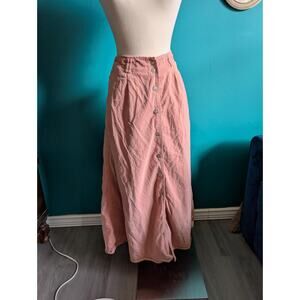 Vintage Pink Button Front Midi Skirt Cabincore A-Line Cotton Medium Large